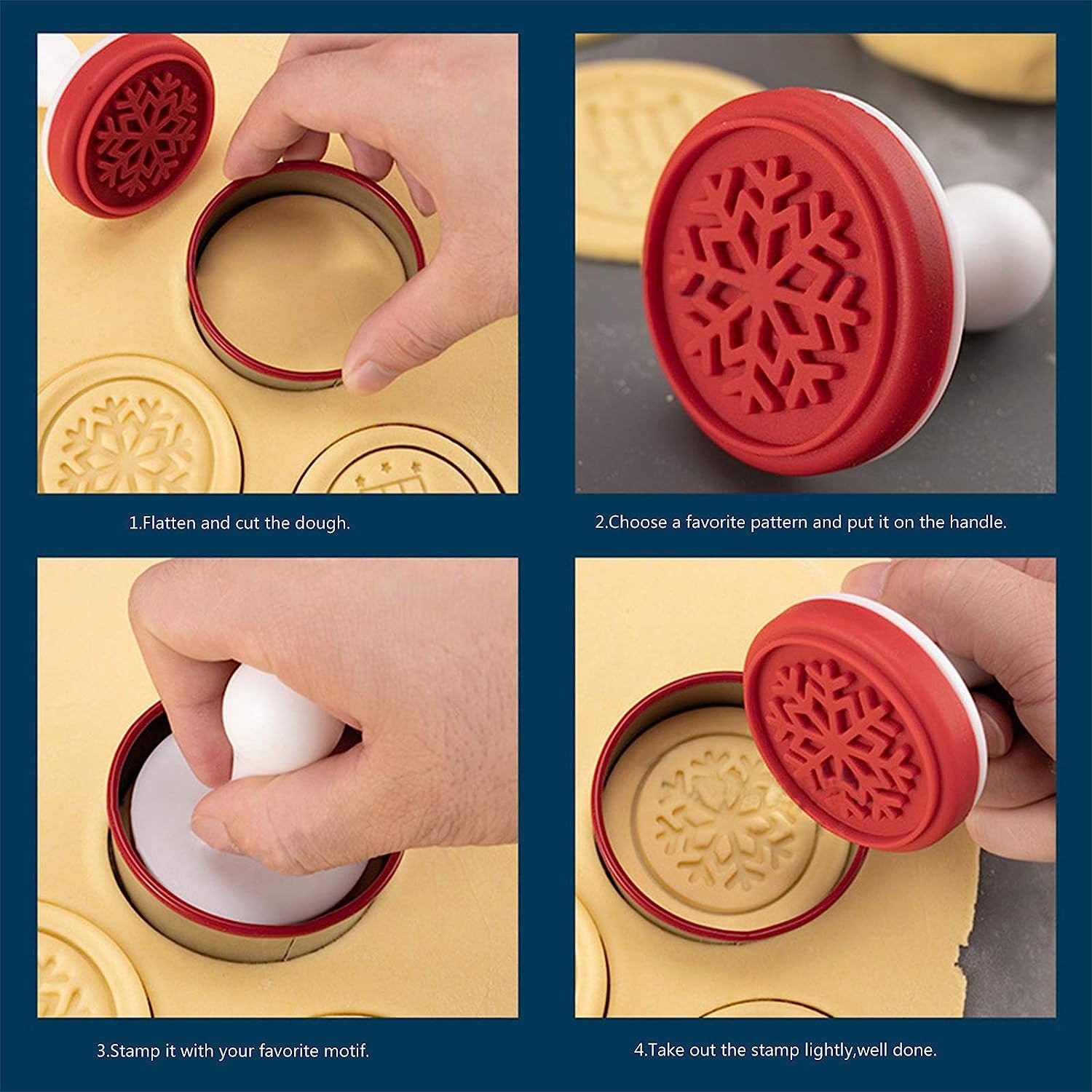 Set 6 stampile pentru prajituri tematica de Craciun, din silicon alimentar non-toxic, taietor aluat inclus, 6 cm, maner din plastic, compact, usor de depozitat