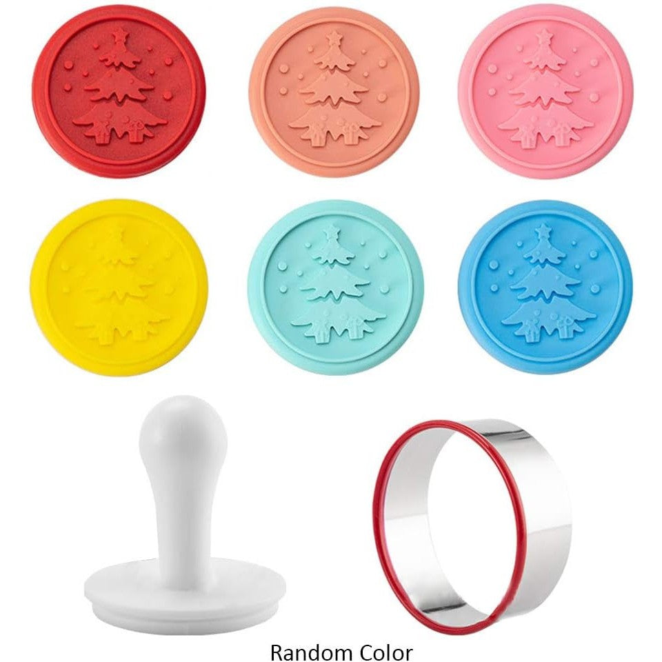 Set 6 stampile pentru prajituri tematica de Craciun, din silicon alimentar non-toxic, taietor aluat inclus, 6 cm, maner din plastic, compact, usor de depozitat