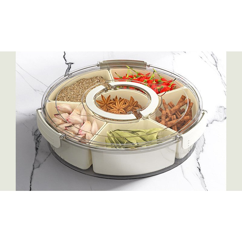 Cutie de Depozitare pentru Alimente, Flippy, cu 6 Compartimente, pentru Condimente, Fructe, Legume, cu Manere de Prindere, Rotativa 360 de Grade, Inchidere Ermetica, 32x10 cm, Alba