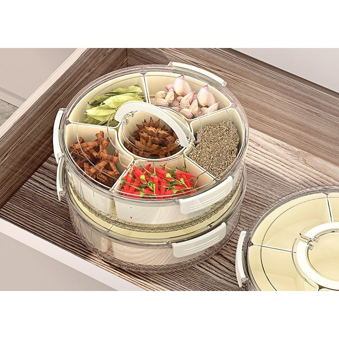Cutie de Depozitare pentru Alimente, Flippy, cu 6 Compartimente, pentru Condimente, Fructe, Legume, cu Manere de Prindere, Rotativa 360 de Grade, Inchidere Ermetica, 32x10 cm, Alba