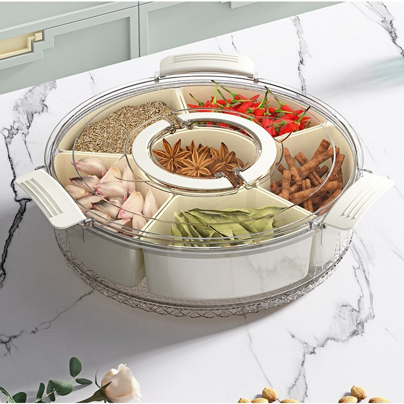 Cutie de Depozitare pentru Alimente, Flippy, cu 6 Compartimente, pentru Condimente, Fructe, Legume, cu Manere de Prindere, Rotativa 360 de Grade, Inchidere Ermetica, 32x10 cm, Alba
