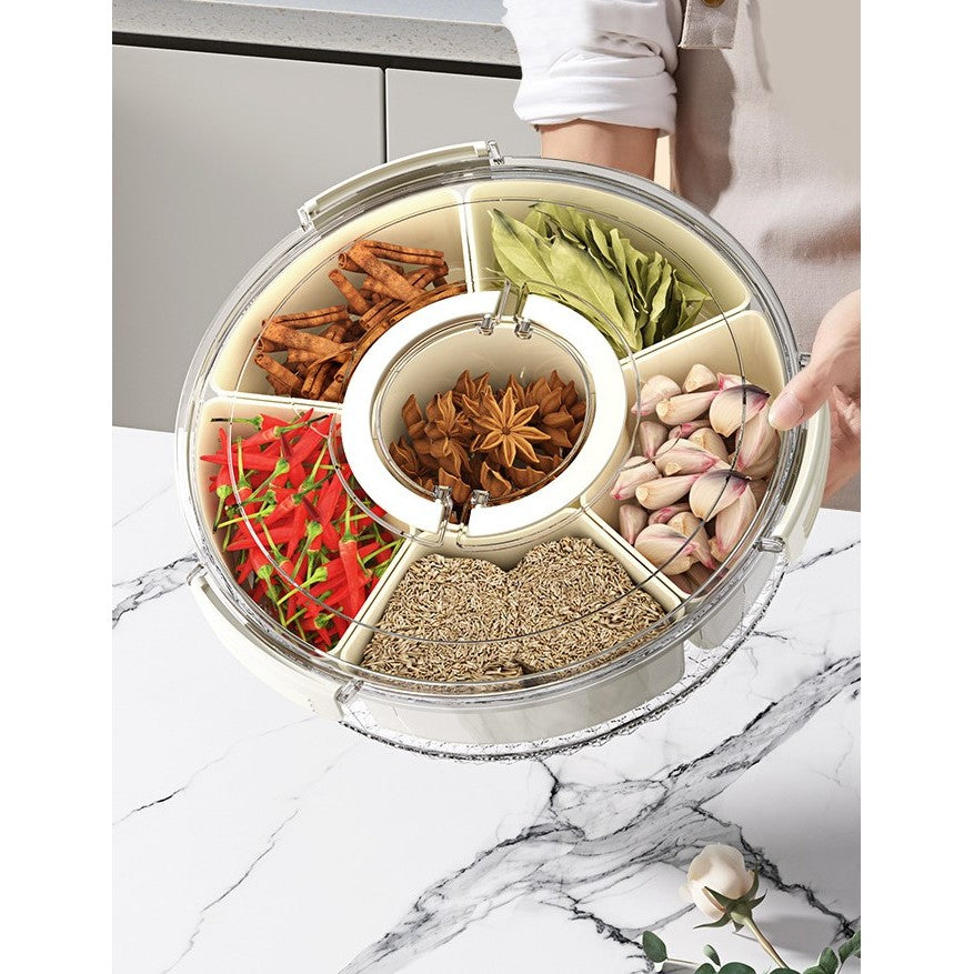 Cutie de Depozitare pentru Alimente, Flippy, cu 6 Compartimente, pentru Condimente, Fructe, Legume, cu Manere de Prindere, Rotativa 360 de Grade, Inchidere Ermetica, 32x10 cm, Alba