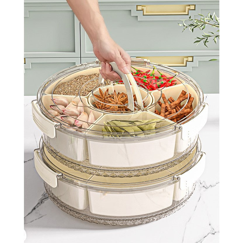 Cutie de Depozitare pentru Alimente, Flippy, cu 6 Compartimente, pentru Condimente, Fructe, Legume, cu Manere de Prindere, Rotativa 360 de Grade, Inchidere Ermetica, 32x10 cm, Alba