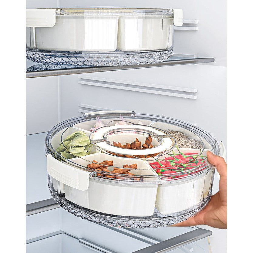 Cutie de Depozitare pentru Alimente, Flippy, cu 6 Compartimente, pentru Condimente, Fructe, Legume, cu Manere de Prindere, Rotativa 360 de Grade, Inchidere Ermetica, 32x10 cm, Alba