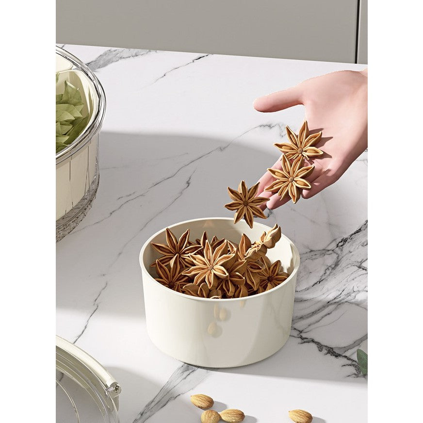 Cutie de Depozitare pentru Alimente, Flippy, cu 6 Compartimente, pentru Condimente, Fructe, Legume, cu Manere de Prindere, Rotativa 360 de Grade, Inchidere Ermetica, 32x10 cm, Alba