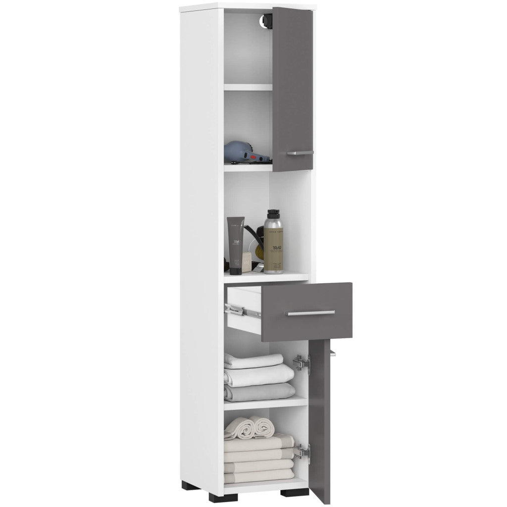 Dulap baie tip coloana cu 2 usi, 1 sertar si rafturi interioare, PAL laminat, 30x30x140 cm, alb si gri