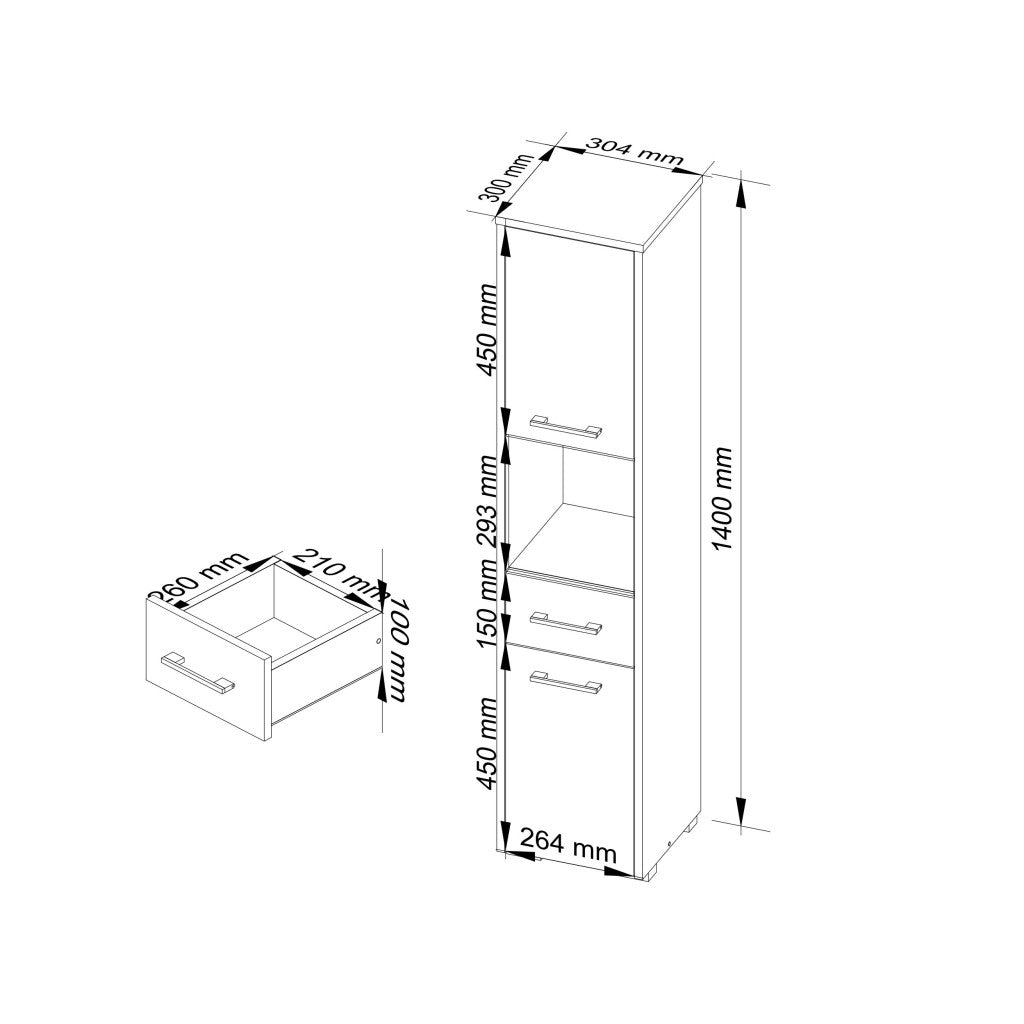Dulap baie tip coloana cu 2 usi, 1 sertar si rafturi interioare, PAL laminat, 30x30x140 cm, alb si gri