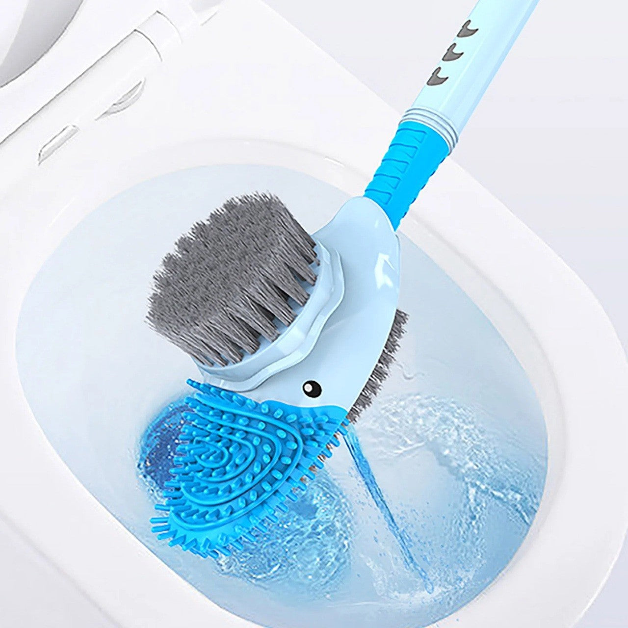 Perie de Toaleta, Flippy, cu Suport de Perete, Recipient Detergent, 2 Tipuri de Perii, Model Rata, Albastru