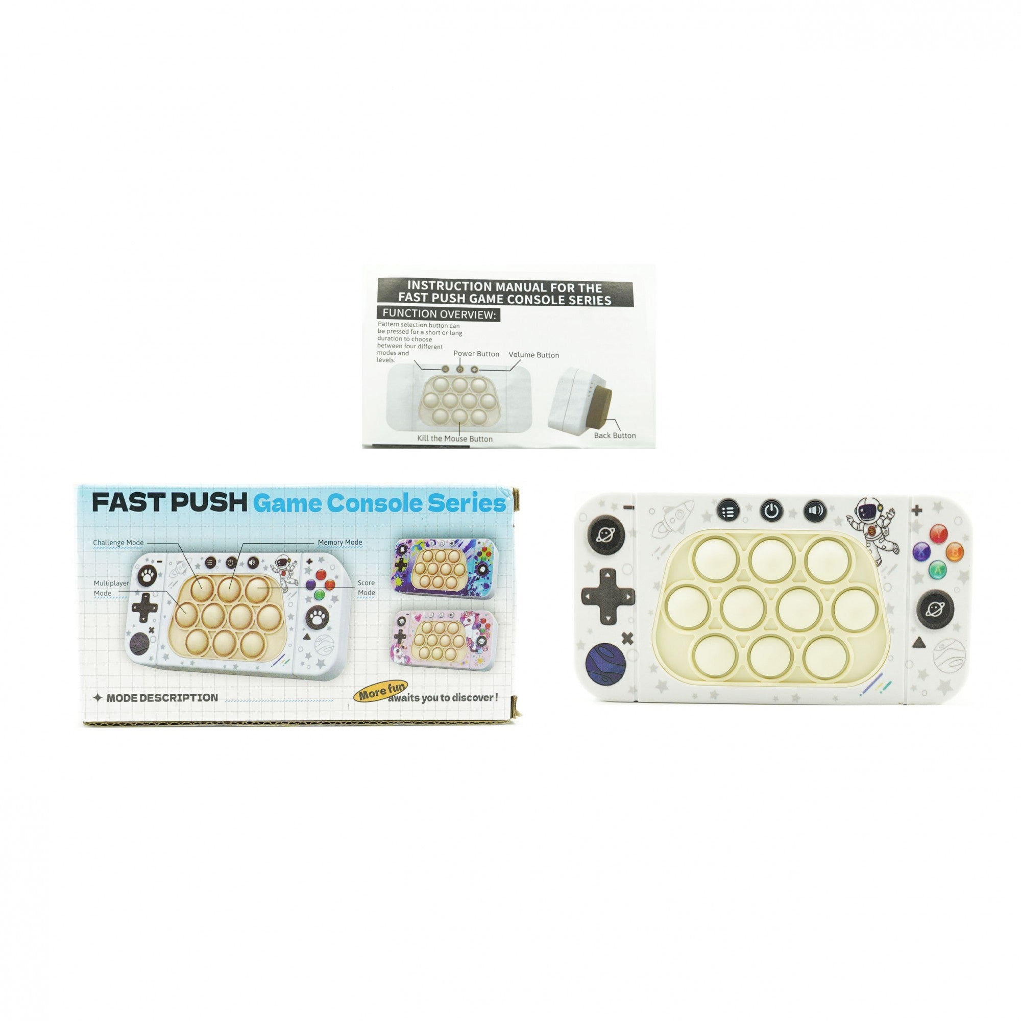 Jucarie interactiva tip consola pentru copii Flippy, speed push whack-a-mole, joc de viteza pop it, material ABS/silicon, cu nivele, sunete si lumini, 15.5 x 7.6 x 5.3 cm, model astronaut, alb