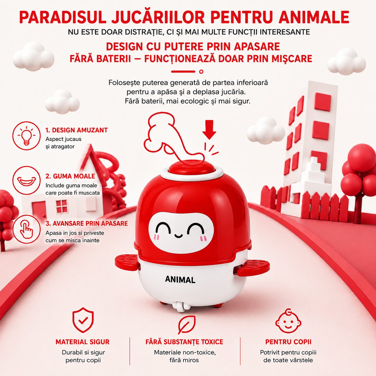Jucarie Interactiva cu Inertie, Model Animalut, Sunete si Lumini, pentru Copii 1-3 Ani, Rosu