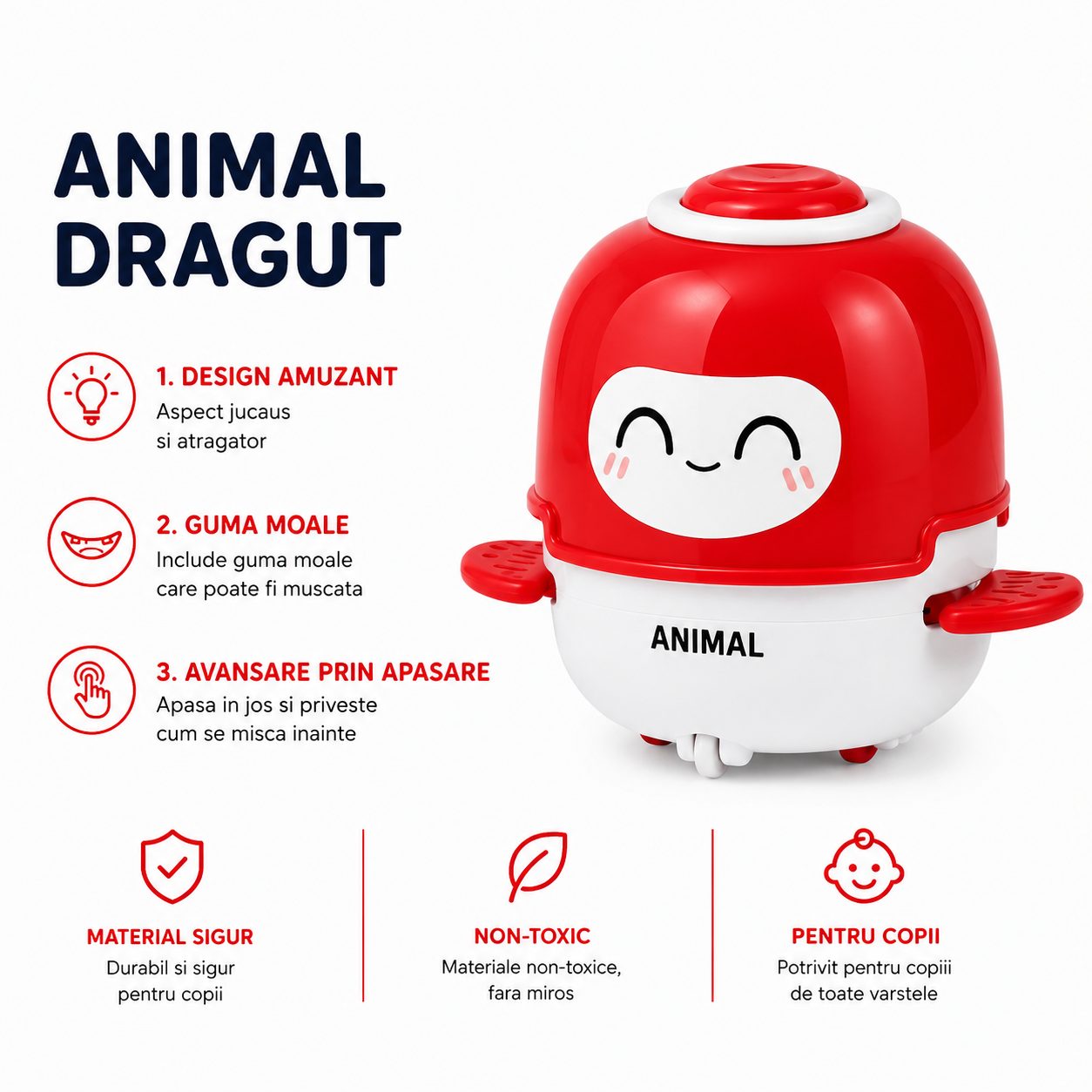 Jucarie Interactiva cu Inertie, Model Animalut, Sunete si Lumini, pentru Copii 1-3 Ani, Rosu