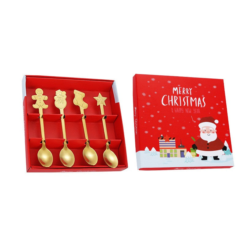Set 4 Lingurite, Tema Craciun, din Otel Inoxidabil, 4 Modele Festive, Cutie Cadou, 14 x 14 x 2.5 cm, Auriu