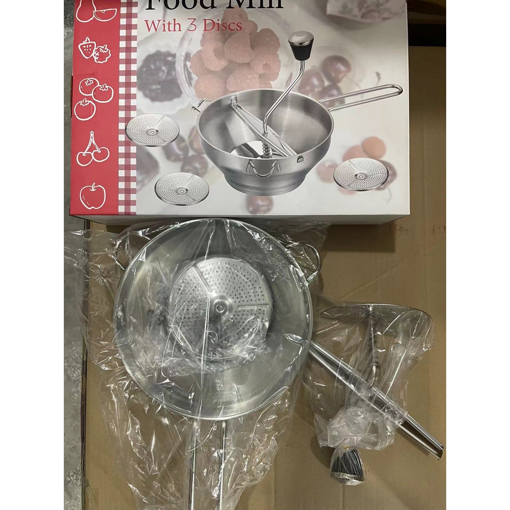 Rasnita Manuala pentru Fructe, din Otel Inoxidabil, Macinare Alimentelor pentru Bebelusi, 3 Discuri de Macinat, Presa, pentru Tocat Cartofi, 19x20x33 cm, Argintiu