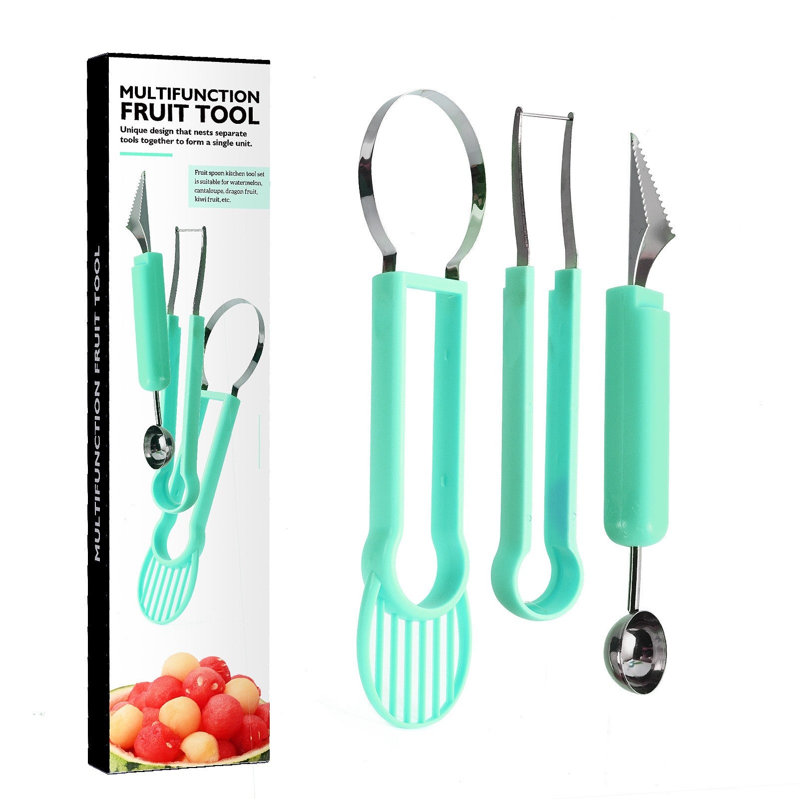 Ustensila bucatarie 4 in 1 pentru taiat si decorat fructe material inox si plastic, compact, 28x6.2 cm, verde