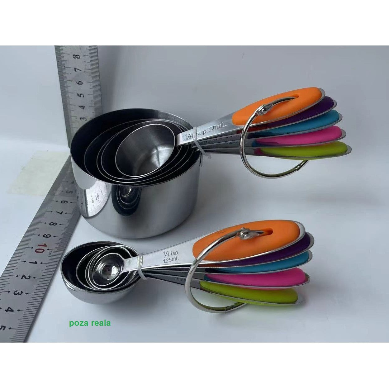 Set 10 Piese de Masurare, 5 Linguri Gradate + 5 Cesti Gradate, Otel Inoxidabil + Silicon, 19 x 8 x 9 cm, Multicolor