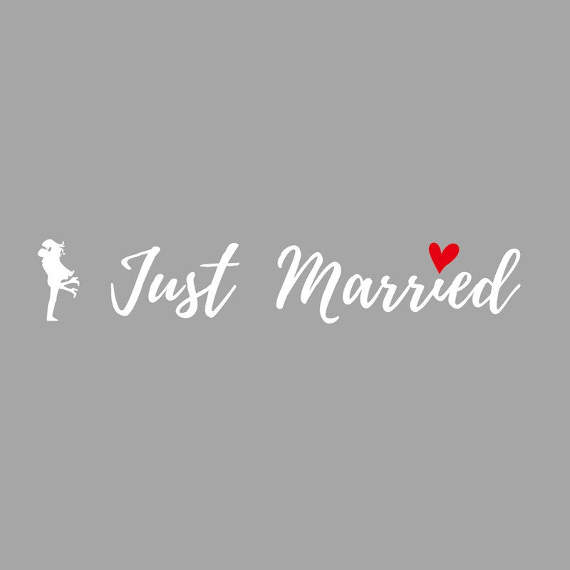 Sticker Autocolant, Tematica Nunta, Model Indragostiti, cu Scris Just Married, 50x11.5 cm, Alb