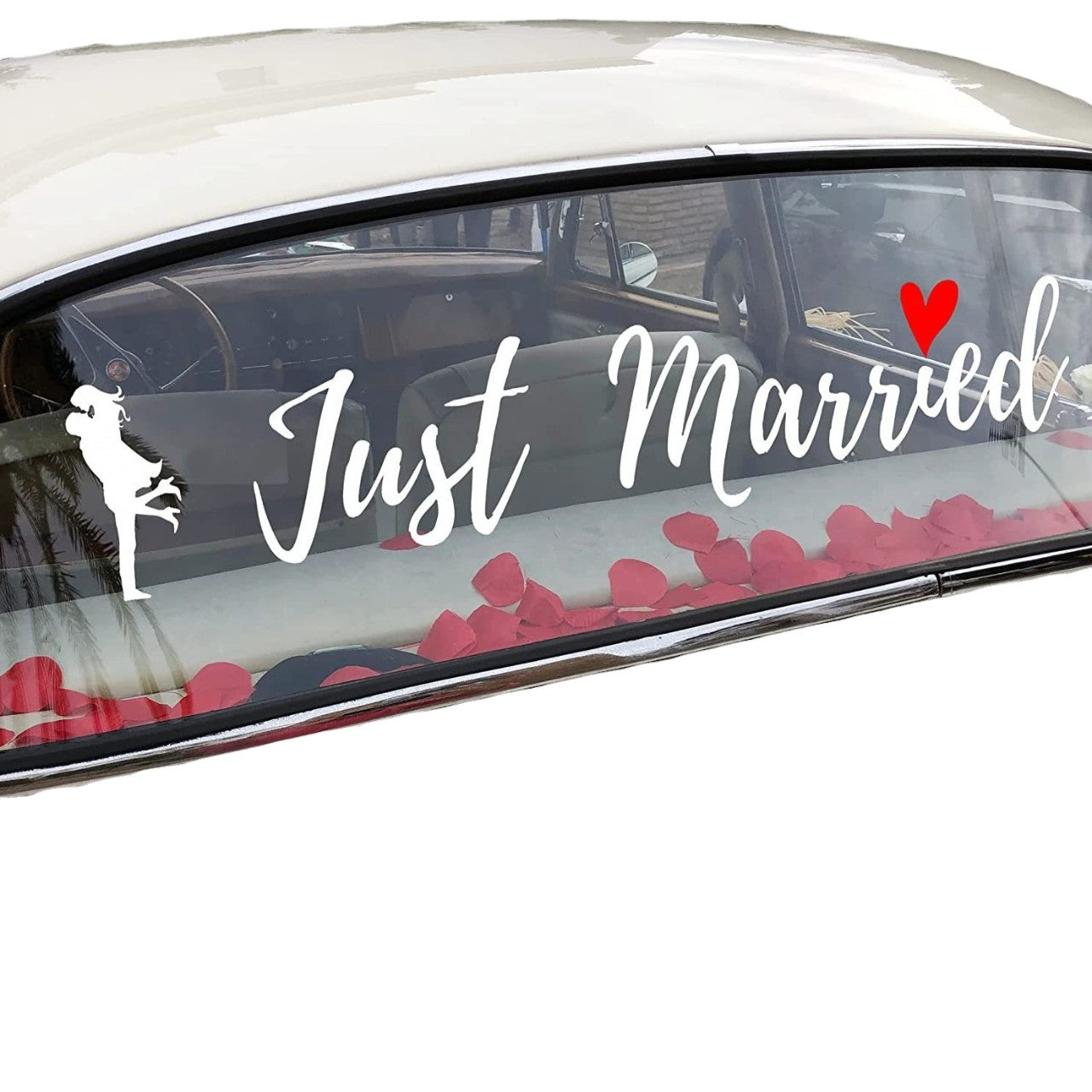 Sticker Autocolant, Tematica Nunta, Model Indragostiti, cu Scris Just Married, 50x11.5 cm, Alb