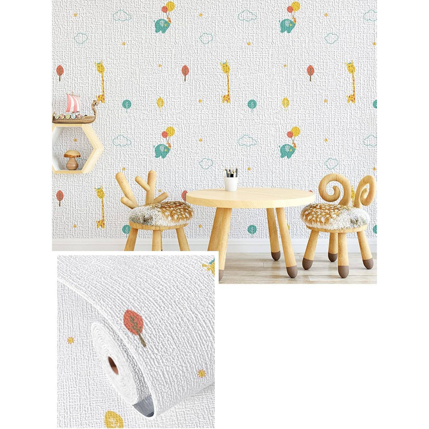 Rola Autoadeziva pentru Perete, din Panza, 10 m, Rezistenta la Umezeala, 2.5 mm Grosime, Model Girafa si Elefant, Multicolor