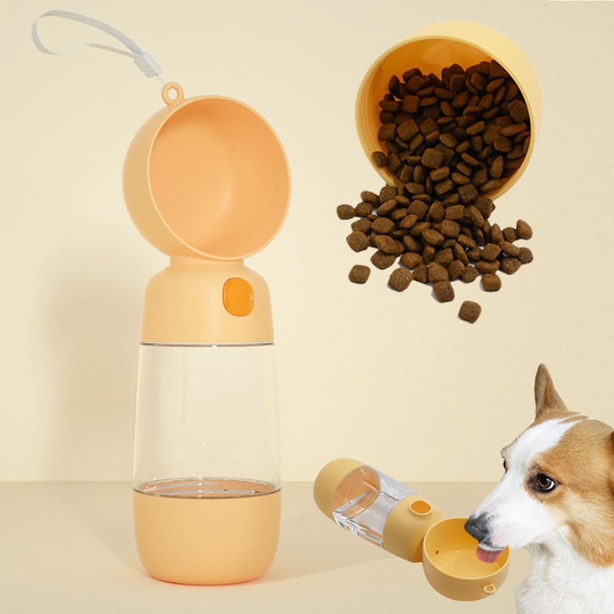 Sticla Animale, Portabila, pentru Hrana si Apa, din ABS, 400 ml/182 ml, 25.5 x 8 x 9 cm, Galben