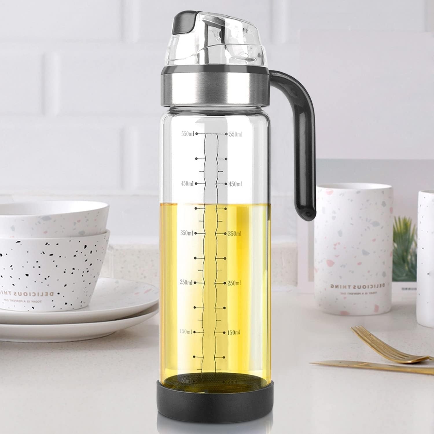 Sticla de ulei etansa cu deschidere inchidere, Dispenser de ulei de bucatarie, Sos de soia, Otet, 500 ml, Transparent