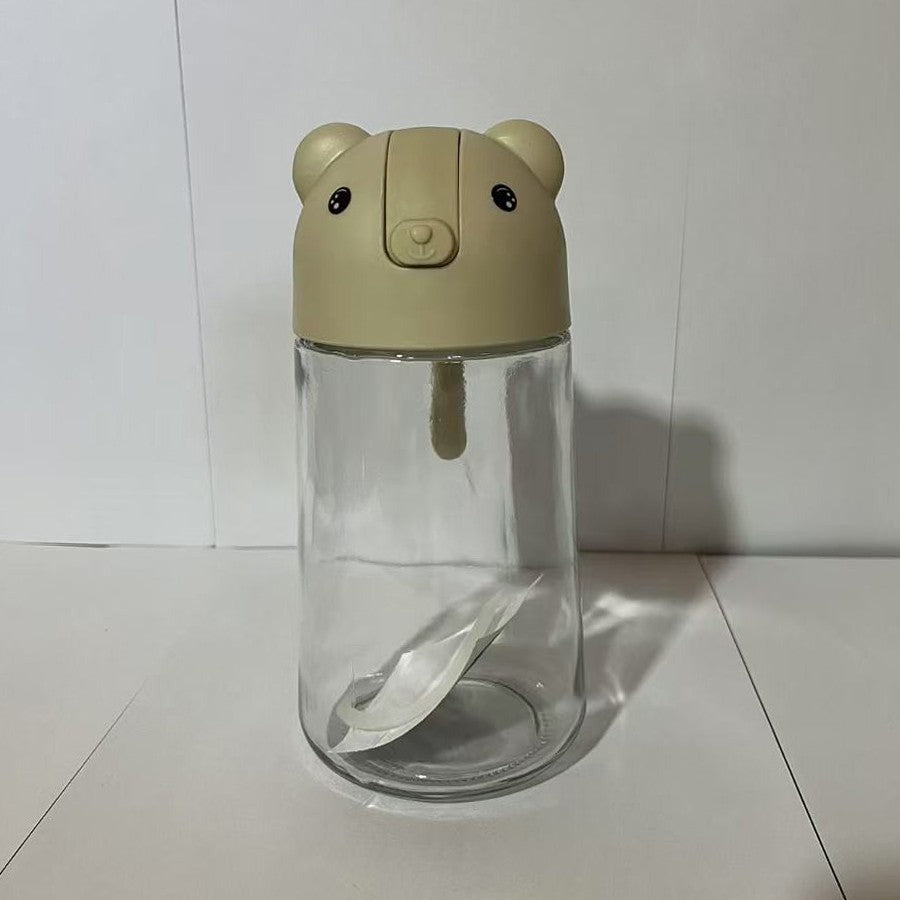 Recipient de ulei, Model Ursulet, Sticla pentru Lichide de Bucatarie, Inchidere Deschidere Automata, 18.5 x 13 cm, Volum 630 ml, Bej