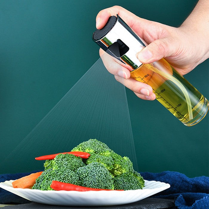 Sticla Pulverizator pentru Bucatariei, Flippy, Spray pentru Gratar, din Sticla cu Capac din Inox, 18 x 4.2 cm, volum 100 ml, Trasnparenta cu Capac Gri