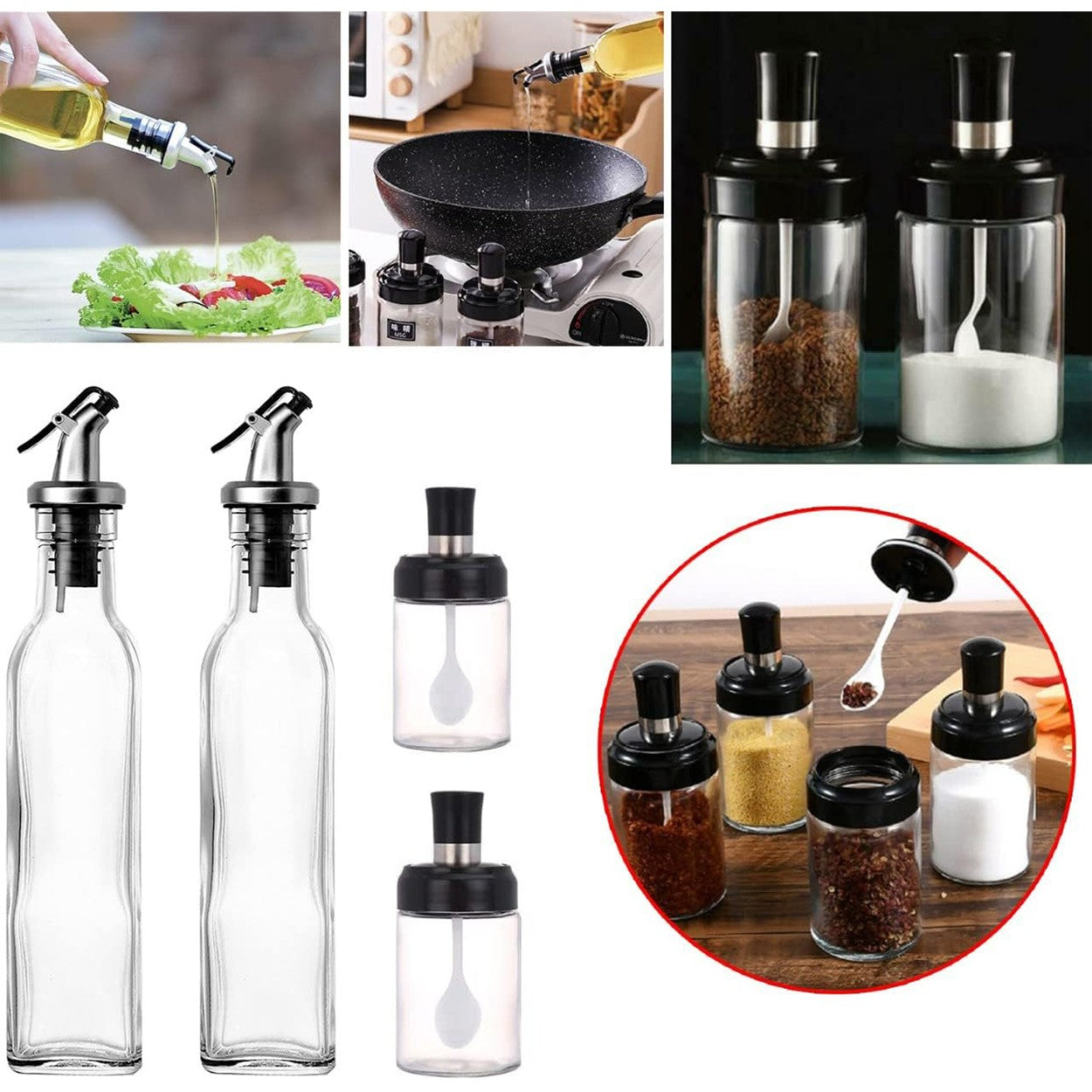 Sticle si Borcane de Ulei de Masline, Flippy, Dozator Set 4 Bucati, 2 Sticle cu Dispenser 500 ml/buc, 2 Borcane pentru Condimente cu Capac si Lingura 120ml/buc, Transparent