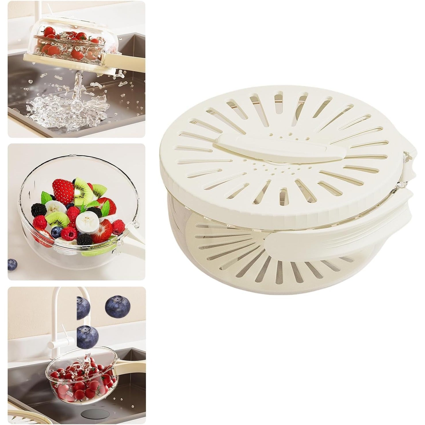 Strecuratoare 2 in 1 pentru Fructe si Legume, Cos de Scurgere si Cutie de Depozitare, 15.5 x 8.3 cm, din PP, cu Maner si Capac, Alb