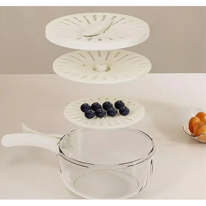 Strecuratoare 2 in 1 pentru Fructe si Legume, Cos de Scurgere si Cutie de Depozitare, 15.5 x 8.3 cm, din PP, cu Maner si Capac, Alb
