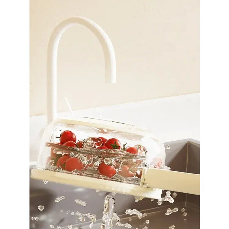 Strecuratoare 2 in 1 pentru Fructe si Legume, Cos de Scurgere si Cutie de Depozitare, 15.5 x 8.3 cm, din PP, cu Maner si Capac, Alb