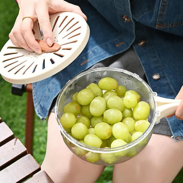 Strecuratoare 2 in 1 pentru Fructe si Legume, Cos de Scurgere si Cutie de Depozitare, 15.5 x 8.3 cm, din PP, cu Maner si Capac, Alb
