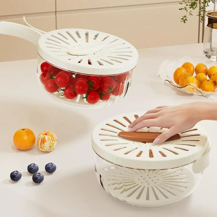 Strecuratoare 2 in 1 pentru Fructe si Legume, Cos de Scurgere si Cutie de Depozitare, 15.5 x 8.3 cm, din PP, cu Maner si Capac, Alb