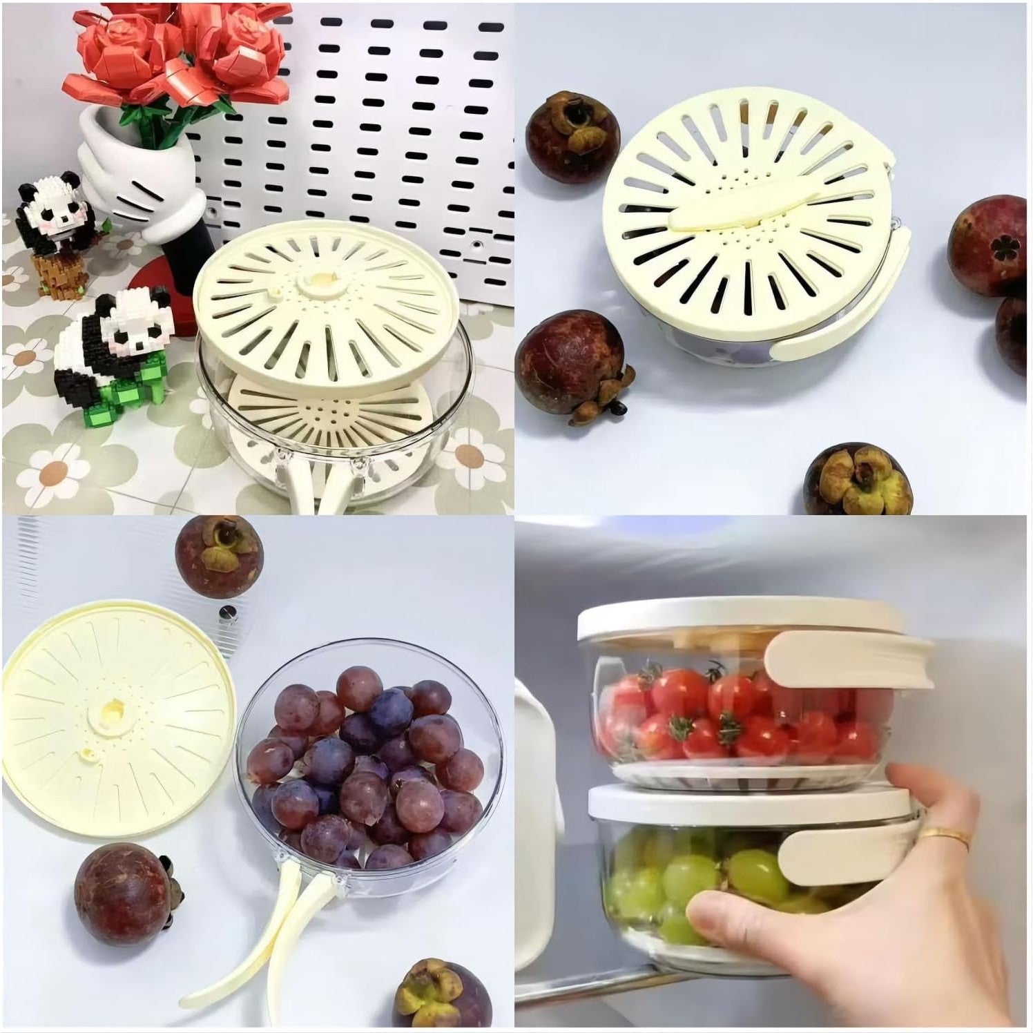 Strecuratoare 2 in 1 pentru Fructe si Legume, Cos de Scurgere si Cutie de Depozitare, 15.5 x 8.3 cm, din PP, cu Maner si Capac, Alb