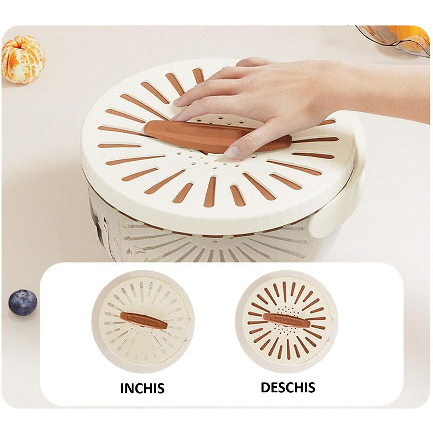 Strecuratoare 2 in 1 pentru Fructe si Legume, Cos de Scurgere si Cutie de Depozitare, 15.5 x 8.3 cm, din PP, cu Maner si Capac, Maro