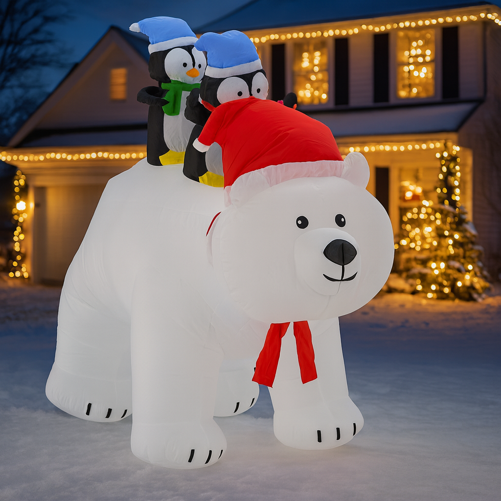 Urs polar gonflabil de exterior, iluminare LED, cu doi pinguini, compresor integrat, 200x120x80 cm, alb