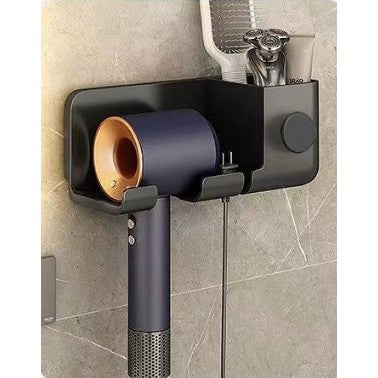 Suport de Baie, pentru Uscator de Par, cu Organizator Dublu, din Plastic, Aplicare cu Suport Adeziv, 23 x 8.8 x 9.5 cm, Negru