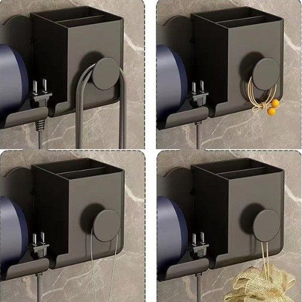 Suport de Baie, pentru Uscator de Par, cu Organizator Dublu, din Plastic, Aplicare cu Suport Adeziv, 23 x 8.8 x 9.5 cm, Negru