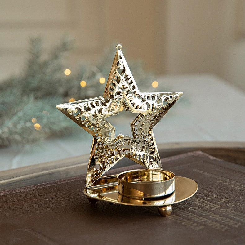 Suport Decorativ pentru Lumanare de Craciun, Model Stea Aurie din Art Metal, pentru Masa fara Agatare, 12 x 11 x 7.2 cm, Auriu