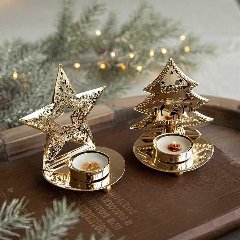 Suport Decorativ pentru Lumanare de Craciun, Model Stea Aurie din Art Metal, pentru Masa fara Agatare, 12 x 11 x 7.2 cm, Auriu