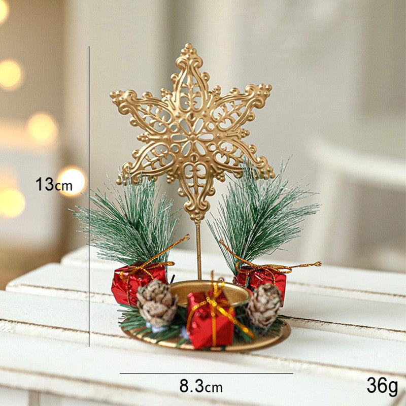 Suport Decorativ pentru Lumanare de Craciun, Ornament pentru Lumanare pe Masa, Model Fulg de Nea si Crengute de Brad, din Art Metal, fara Lumanare 13 x 8.3 cm, Auriu