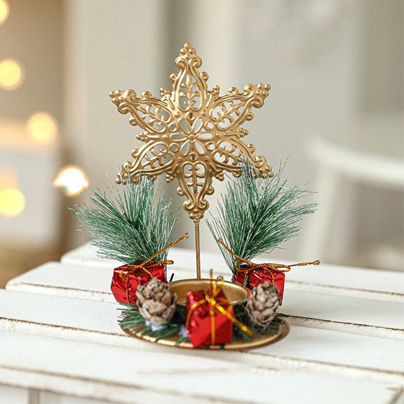 Suport Decorativ pentru Lumanare de Craciun, Ornament pentru Lumanare pe Masa, Model Fulg de Nea si Crengute de Brad, din Art Metal, fara Lumanare 13 x 8.3 cm, Auriu