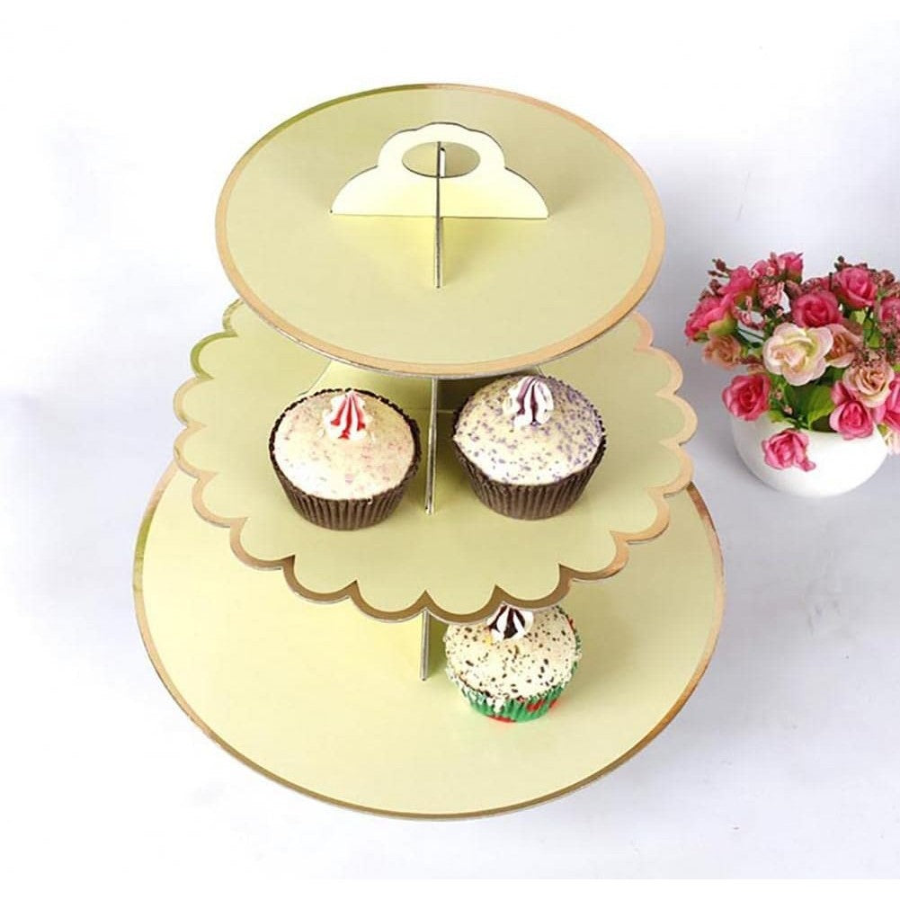 Etajera pentru Prajituri, din Carton, 3 Nivele, 16/22/29 cm Diametru, Inaltime 38 cm, Galben