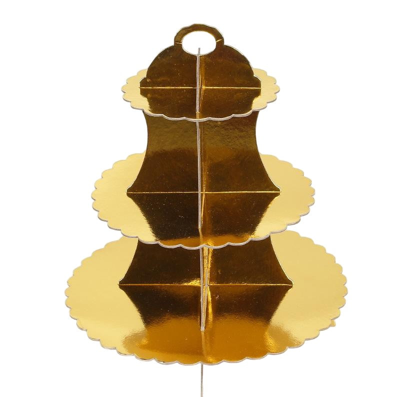 Etajera pentru Prajituri, din Carton, 3 Nivele, 16/22/29 cm Diametru, Inaltime 38 cm, Auriu