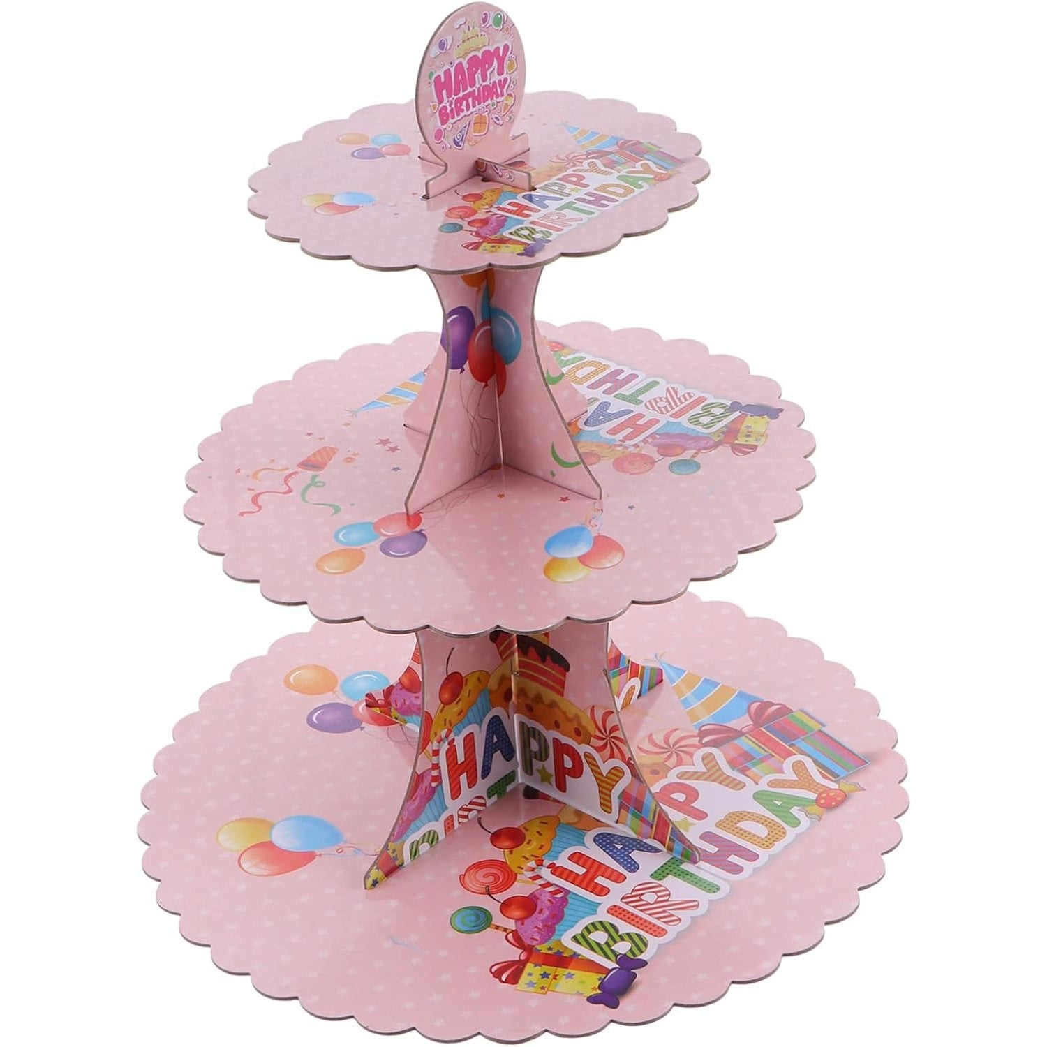 Etajera pentru Prajituri, din Carton, 3 Nivele, 16/22/29 cm Diametru, Inaltime 38 cm, Tema Happy Birthday, Roz