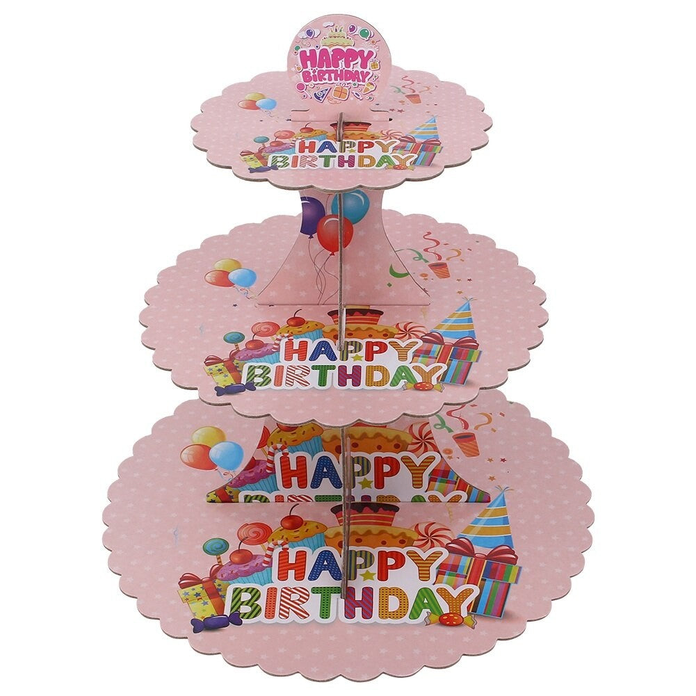 Etajera pentru Prajituri, din Carton, 3 Nivele, 16/22/29 cm Diametru, Inaltime 38 cm, Tema Happy Birthday, Roz