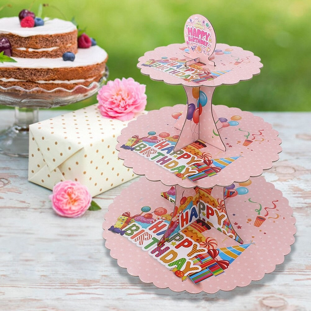 Etajera pentru Prajituri, din Carton, 3 Nivele, 16/22/29 cm Diametru, Inaltime 38 cm, Tema Happy Birthday, Roz