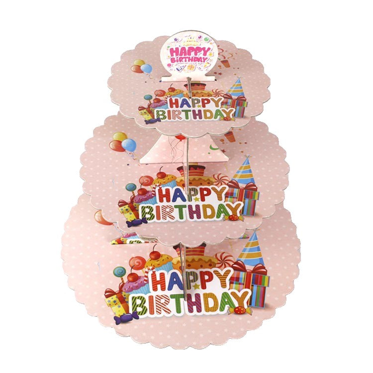 Etajera pentru Prajituri, din Carton, 3 Nivele, 16/22/29 cm Diametru, Inaltime 38 cm, Tema Happy Birthday, Roz