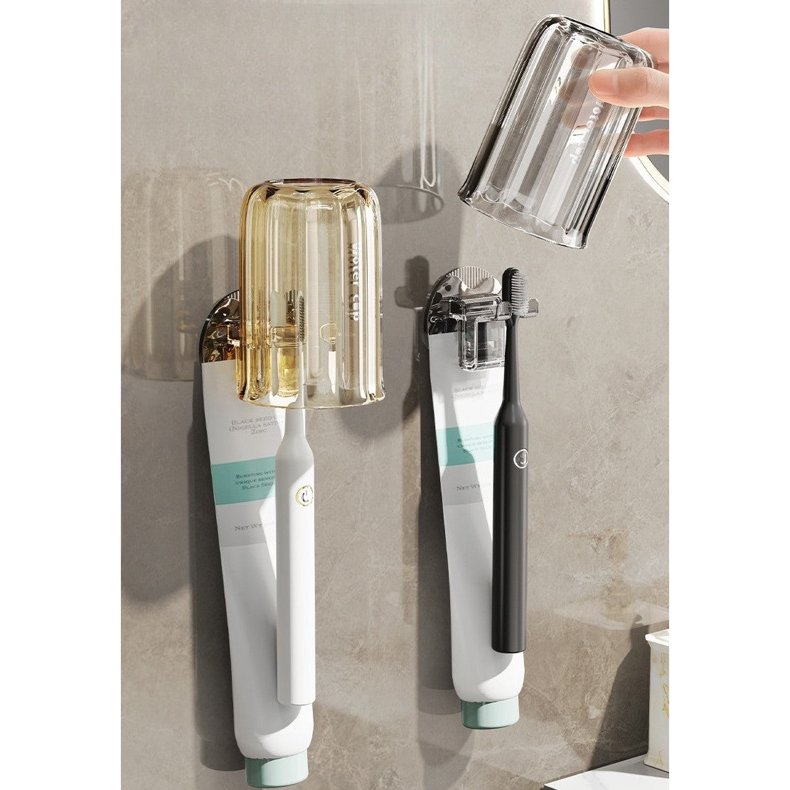 Suport Multifunctional 2 in 1, Pahar si Suport pentru Periuta de Dinti, Plastic, Dimensiune: 10.4 x 7.3 x 7.3 cm, Roz