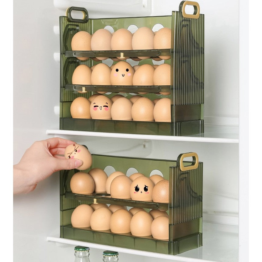 Suport Organizator pentru Oua, Flippy, pentru Frigider, Verde transparent, Capacitate 20 oua, Doua straturi, cu Data de Expirare, 25.5x10x17 cm
