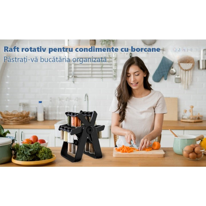Suport Pentru Condimente Rotativ, Flippy, Multifunctional, Pivotant 360°, Portabil, Usor de Montat, 34x23 cm, ABS/Sticla, Negru
